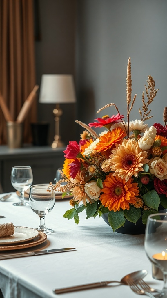 A vibrant floral centerpiece featuring orange gerbera daisies, white roses, and pink flowers, set on a Thanksgiving table.