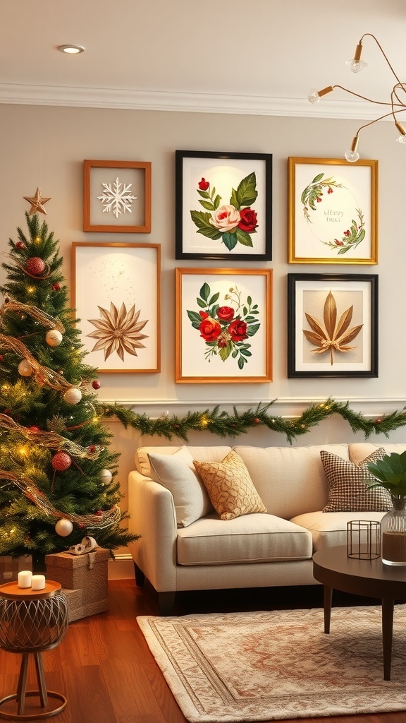 A cozy living room with Christmas decorations, featuring a festive wall art piece with a red bow and the word 'Holidays'.