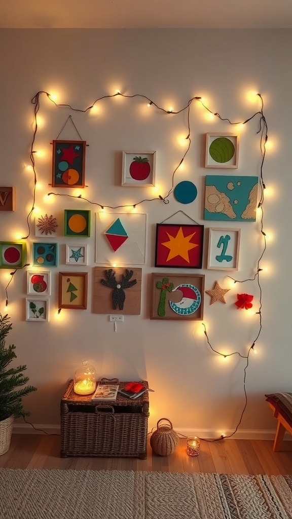 Colorful Christmas wall display with lights and various framed artworks.