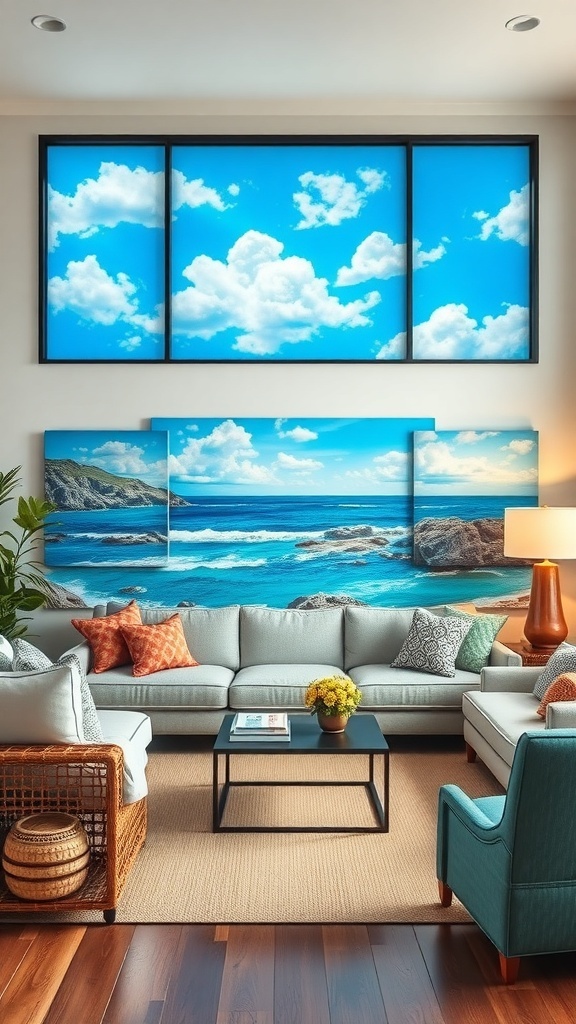 A cozy coastal living room featuring large wall art of the ocean and sky.