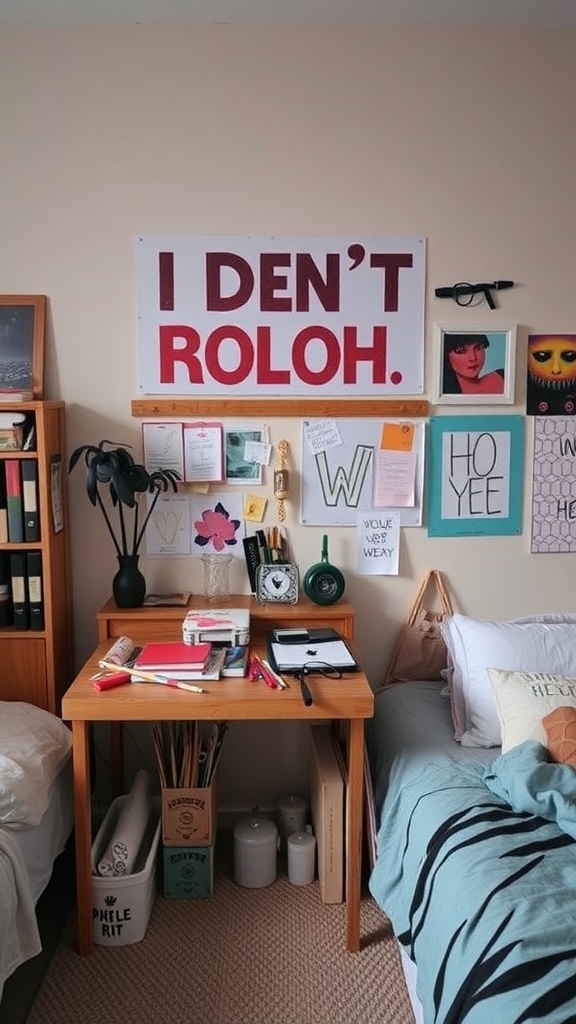 A cozy dorm room corner featuring a bold wall sign, colorful art supplies on a desk, and a collage of personal artwork.