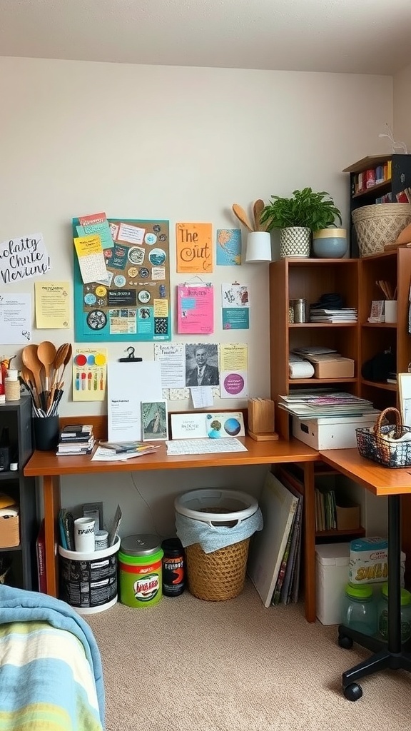 A cozy dorm room corner with a desk, bulletin board, and shelves filled with supplies and decorations.