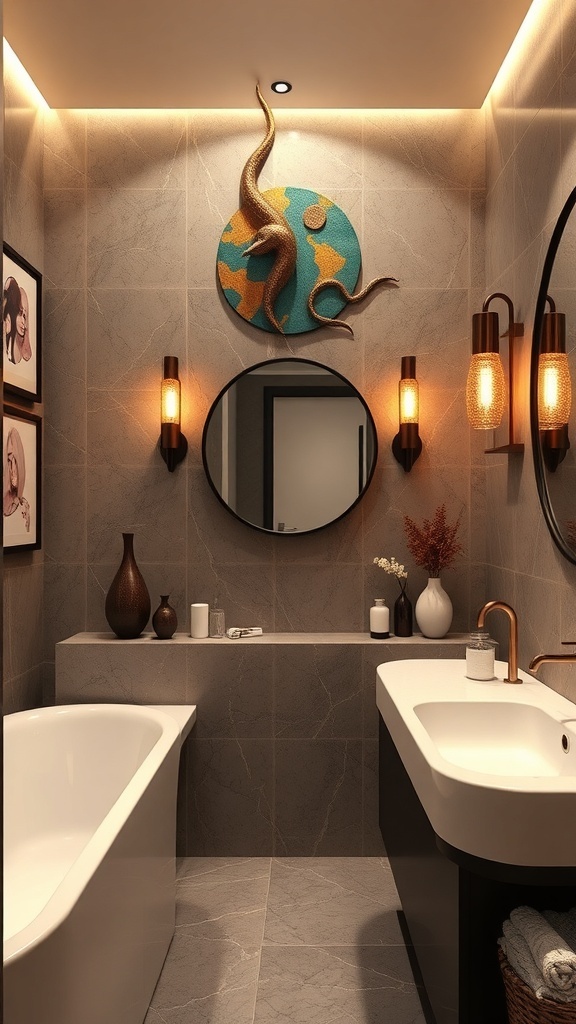 Modern bathroom featuring a stylish bathtub, artistic lighting, and decorative elements.