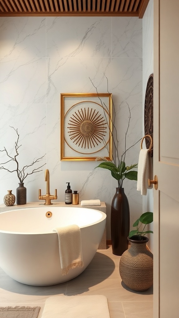 A beautifully designed spa bathroom featuring a modern tub, artistic decor, and natural elements.
