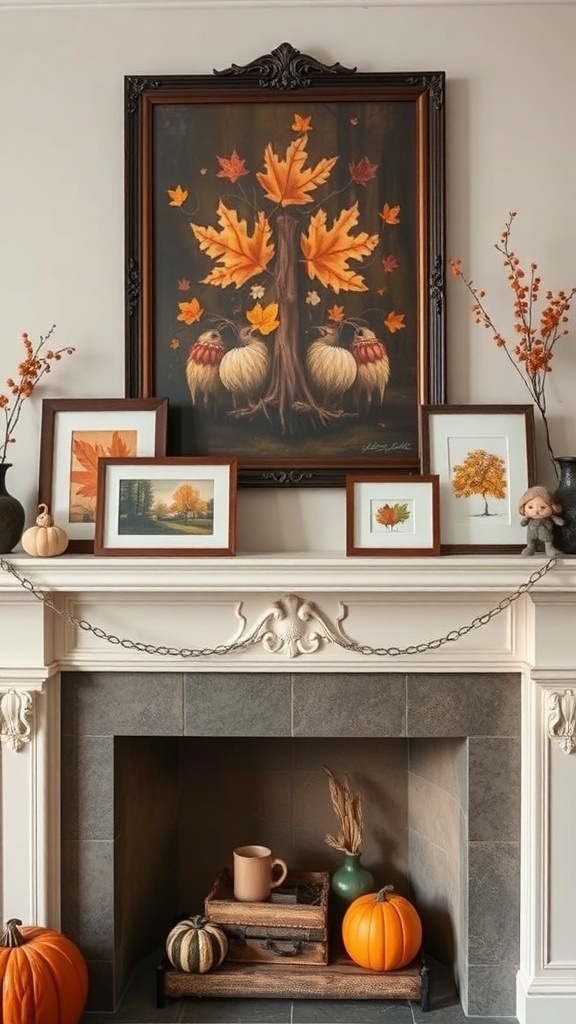 A fireplace mantle decorated with fall artwork, pumpkins, and framed pictures.