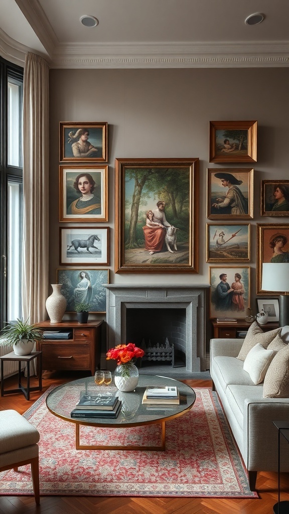 A stylish living room featuring a gallery wall of framed art, a cozy sofa, and a round coffee table.