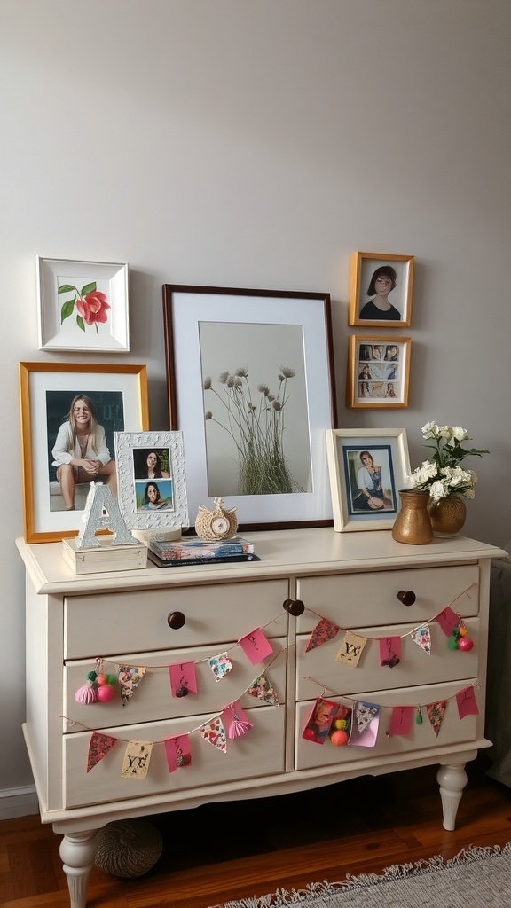 A dresser decorated with framed photos, colorful banners, and decorative items.