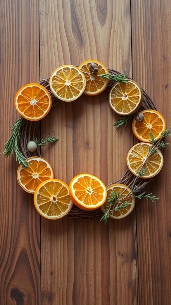 A winter wreath featuring dried citrus slices and herbs on a wooden background.