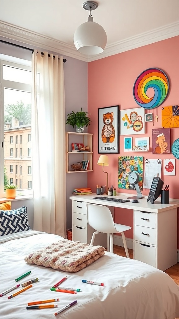 A cozy bedroom corner with art on the walls, a desk with supplies, and a comfortable chair.