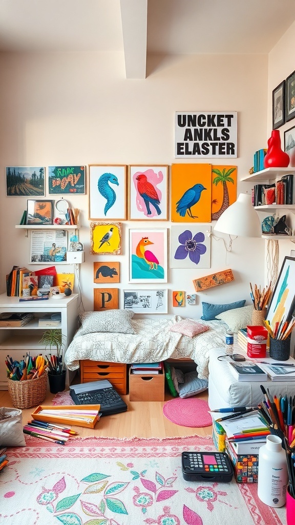 A colorful teen girl's bedroom filled with artwork and art supplies, showcasing a creative atmosphere.