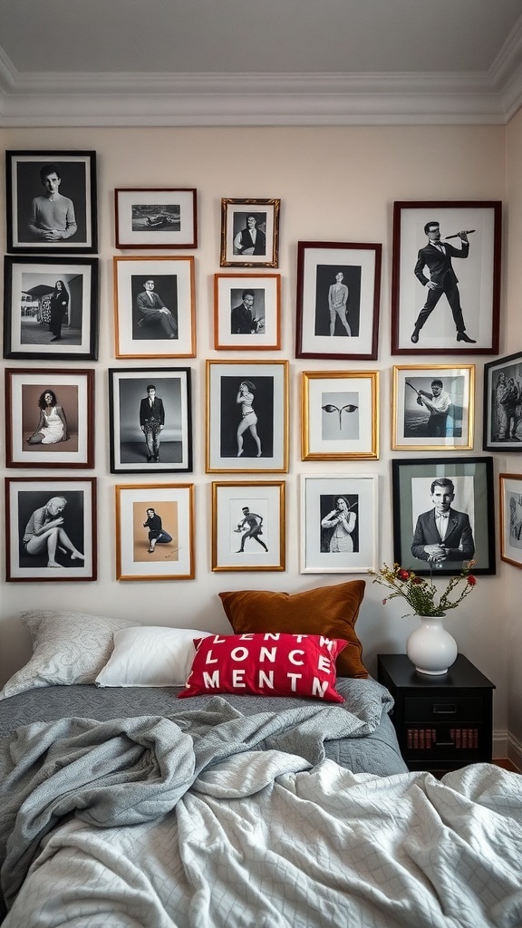 A bedroom nook featuring a gallery wall of framed black and white photos, a neatly made bed with decorative pillows, and a bedside table.