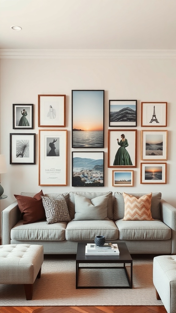 A cozy living room with a gallery wall featuring various framed artworks.