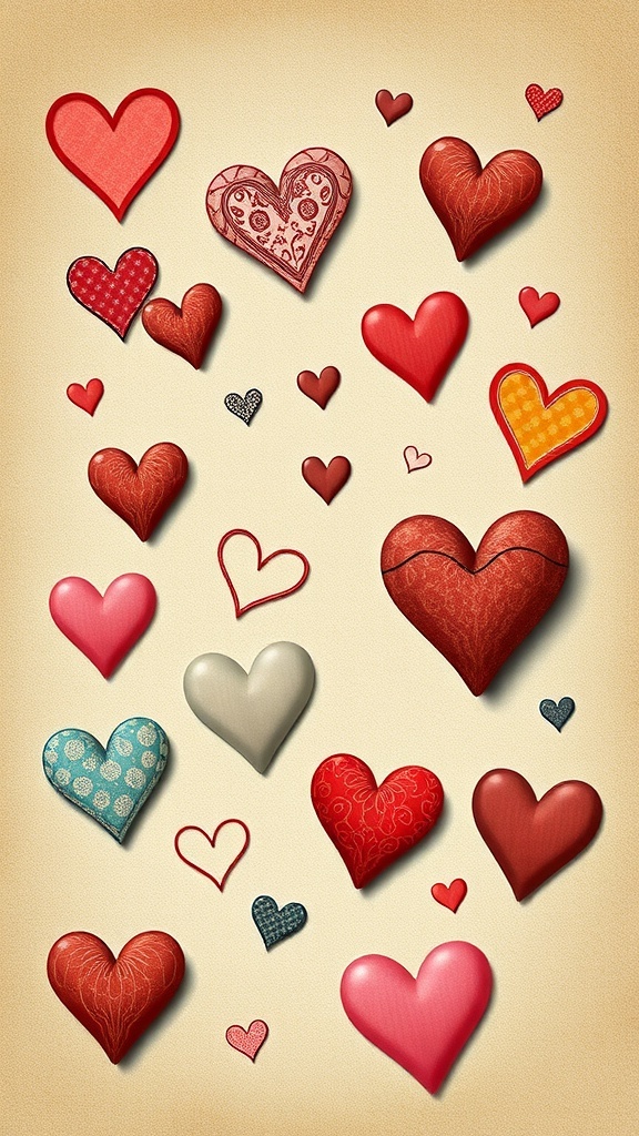 A collection of artistic heart illustrations in various colors and patterns.