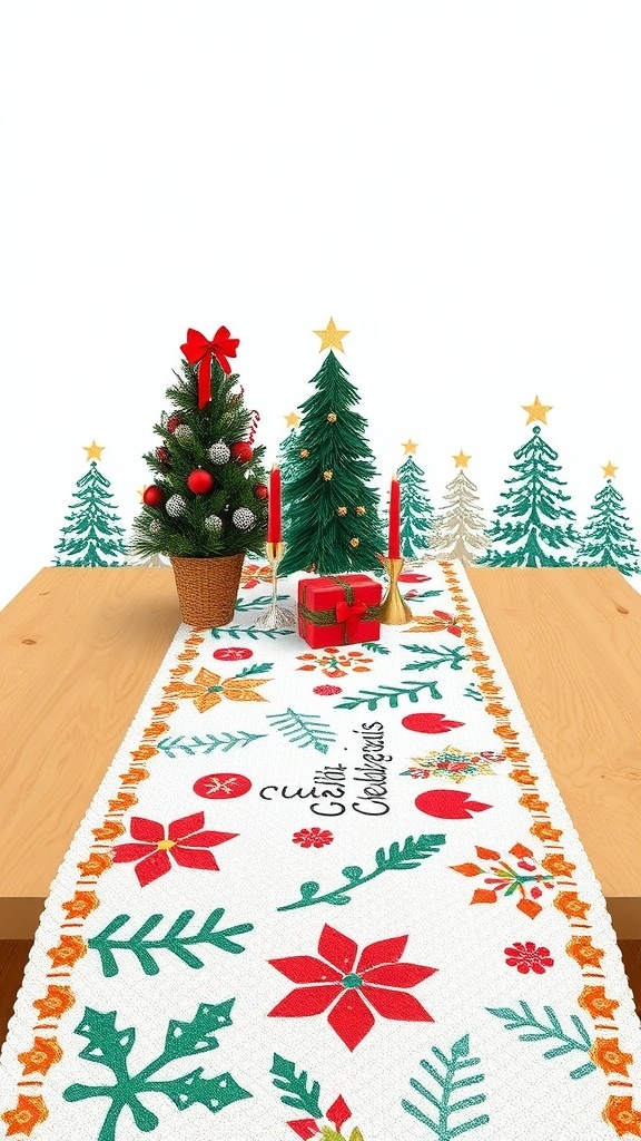 A colorful holiday table runner with flowers and festive designs on a wooden table.