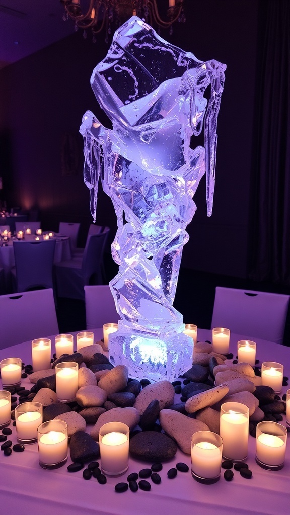 An artistic ice sculpture centerpiece surrounded by candles and stones.