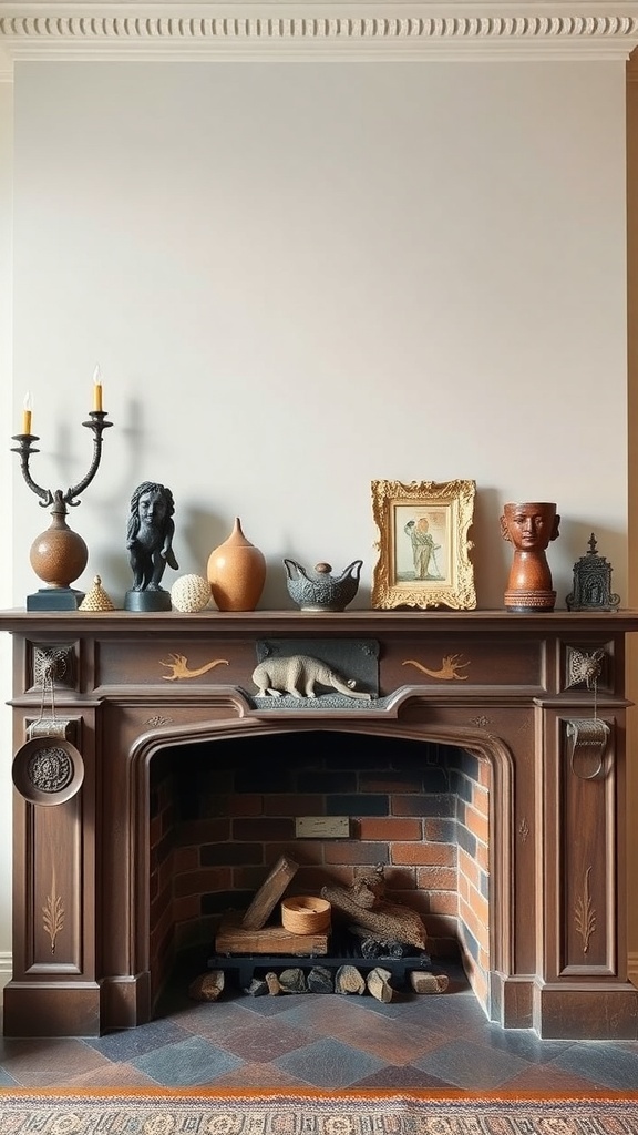 A rustic fireplace mantel decorated with various artistic items including candles, sculptures, and framed art.