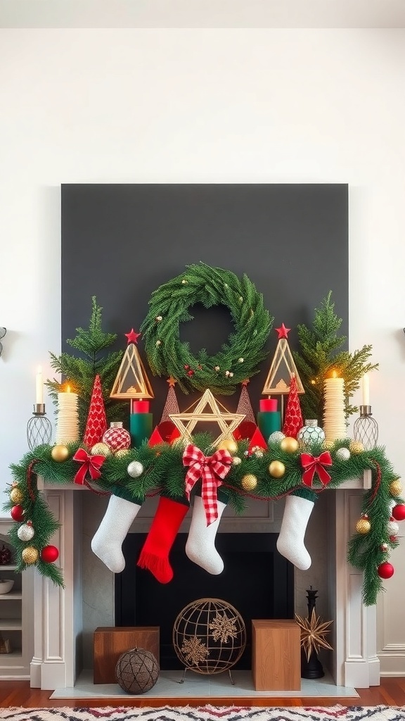 A modern Christmas mantle decorated with a wreath, geometric shapes, and colorful ornaments.