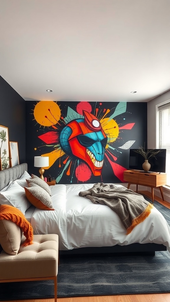 A black bedroom wall featuring artistic murals and bold lettering.