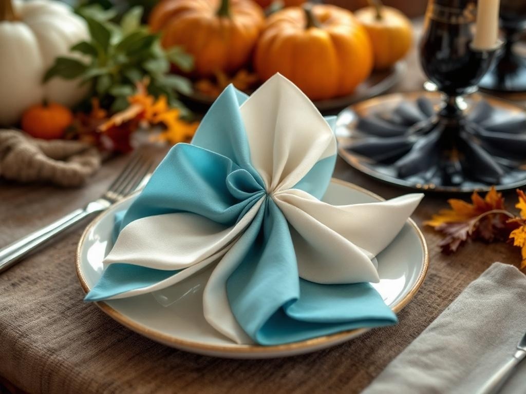 A beautifully folded blue and white napkin on a plate, set against a Thanksgiving table with pumpkins and autumn leaves.