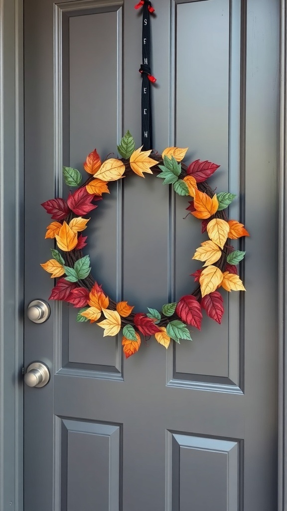 A colorful painted leaf wreath with red, orange, and green leaves hanging on a front door.