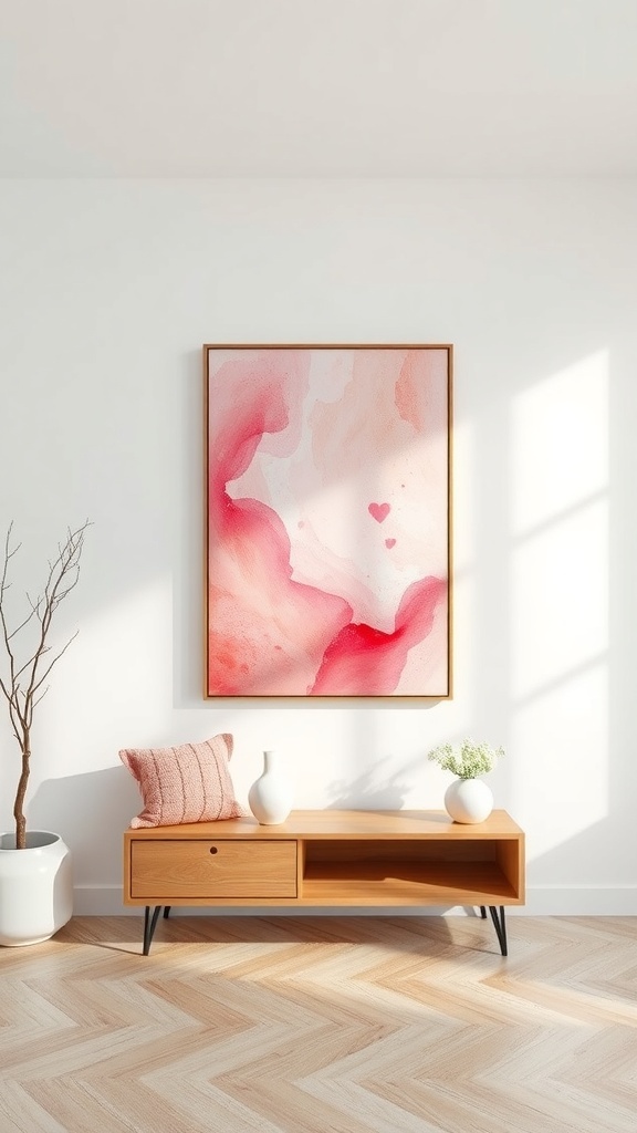 Artistic pink wall art in a soft pink bedroom setting.