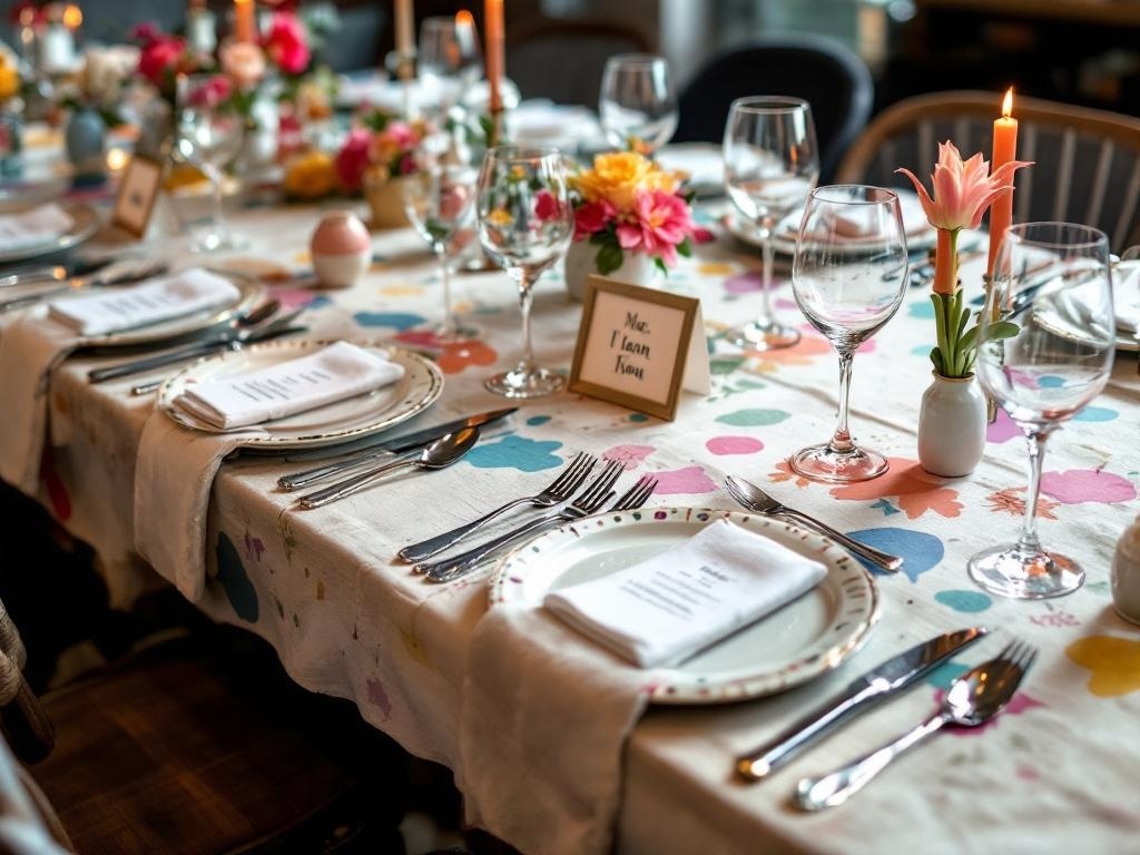 A beautifully arranged Thanksgiving table with colorful floral tablecloth, elegant place settings, and candlelight.
