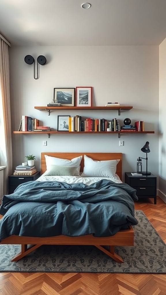 A warm modern bedroom featuring artistic wooden shelving with books and decor.