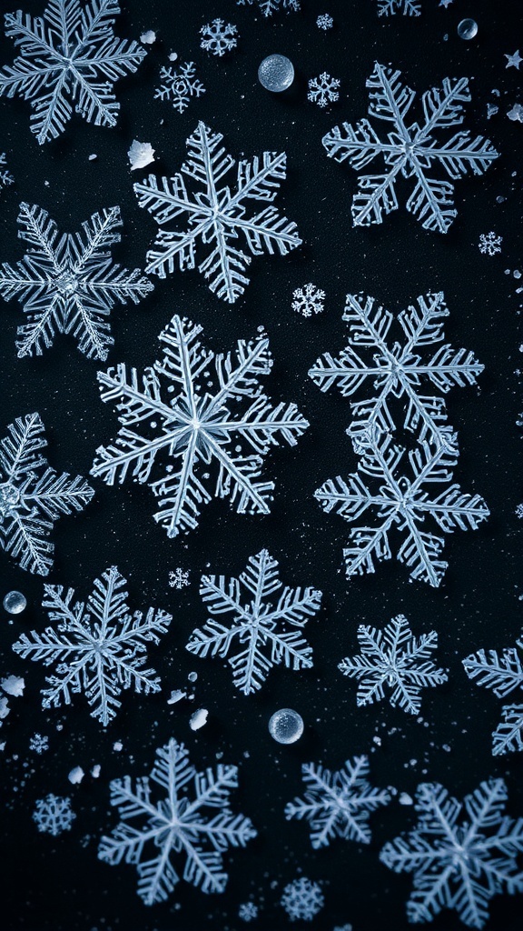 A collection of artistic snowflakes on a dark background.