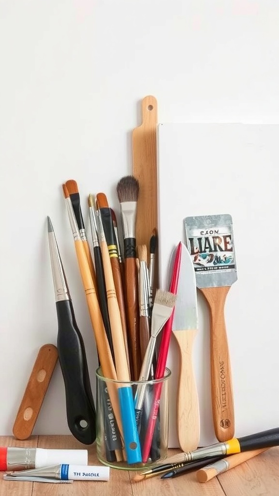 A collection of artistic tools including brushes, pens, and a palette knife in a glass container next to a blank canvas.
