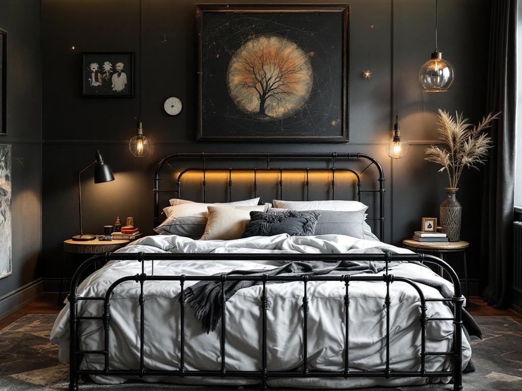 A stylish bedroom featuring a black metal bed frame with a custom headboard, dark walls, and artistic decor.
