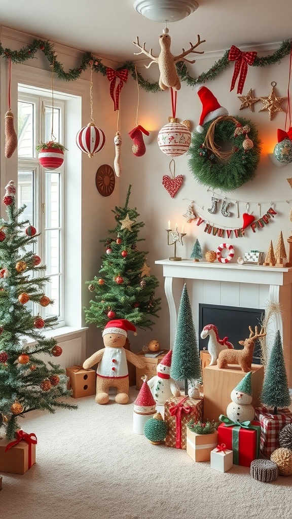A cozy Christmas room decorated with handmade ornaments, featuring trees, a fireplace, and festive decorations.
