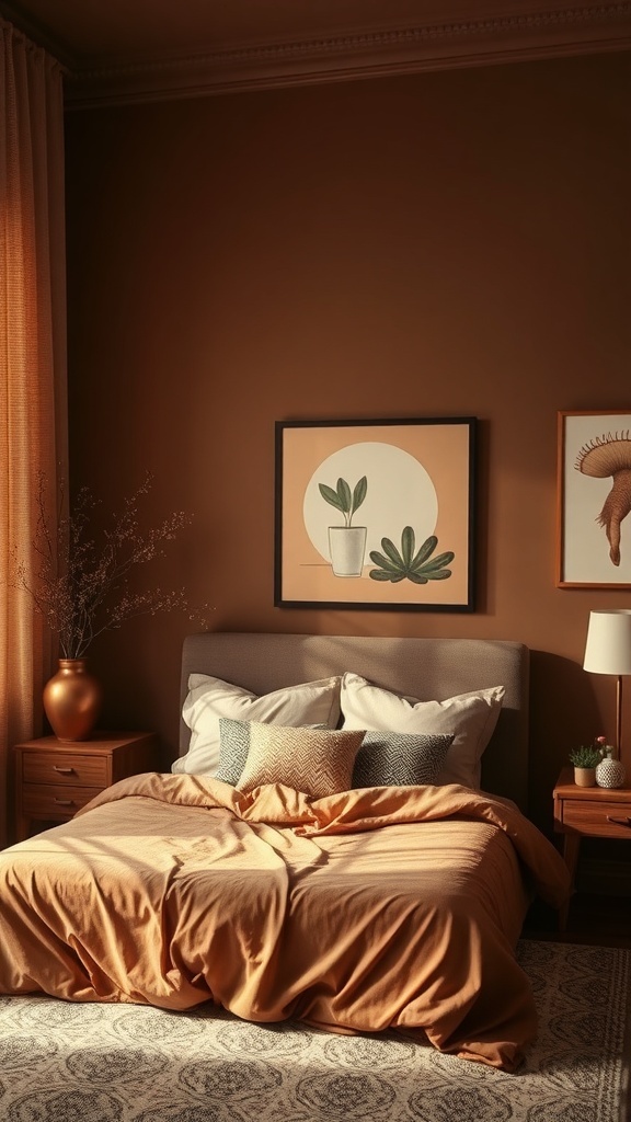 Cozy brown bedroom with artwork featuring plants