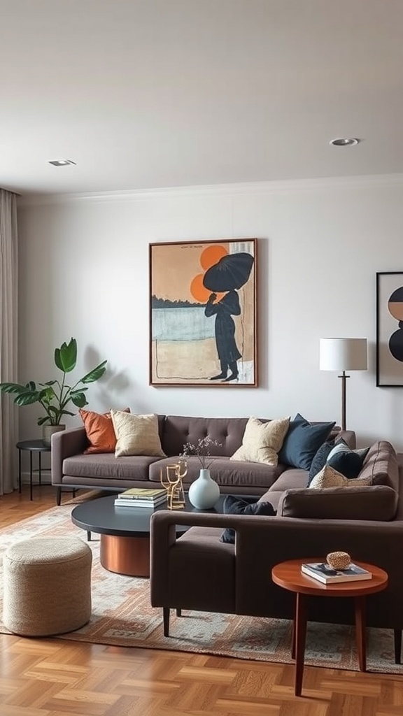 Contemporary living room featuring bold statement artwork and stylish furniture.
