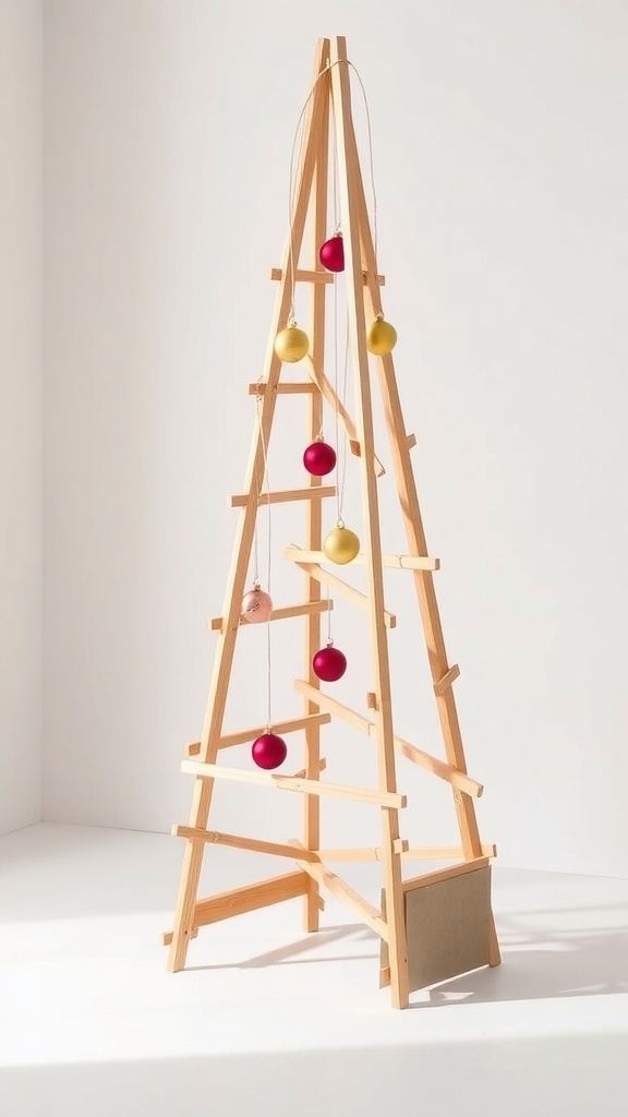 A minimalist wooden Christmas tree with a few ornaments and presents at the base.