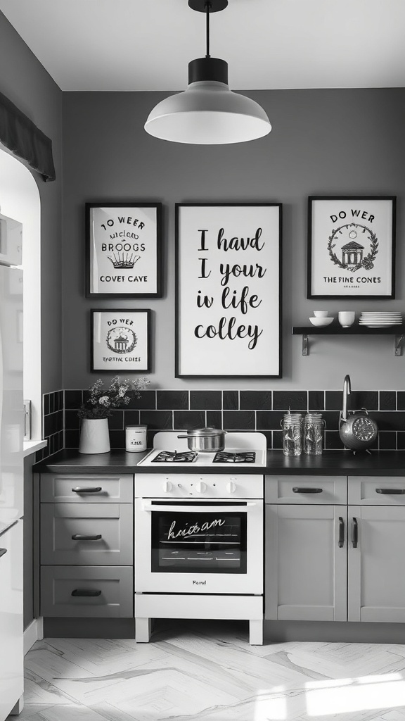 A black and white kitchen featuring artistic wall art, including framed prints with various texts.