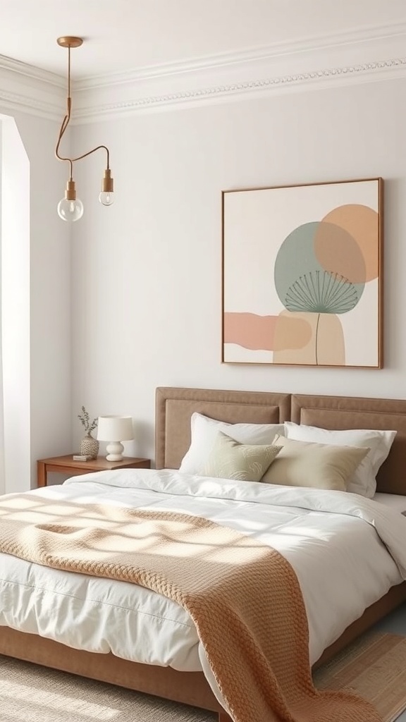 Neutral bedroom with artistic wall decor featuring soft colors and shapes.