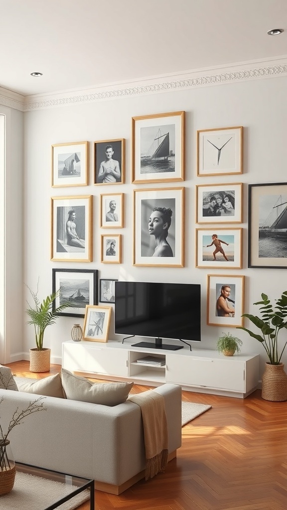 Modern living room with a gallery wall of framed black and white photos and a TV.