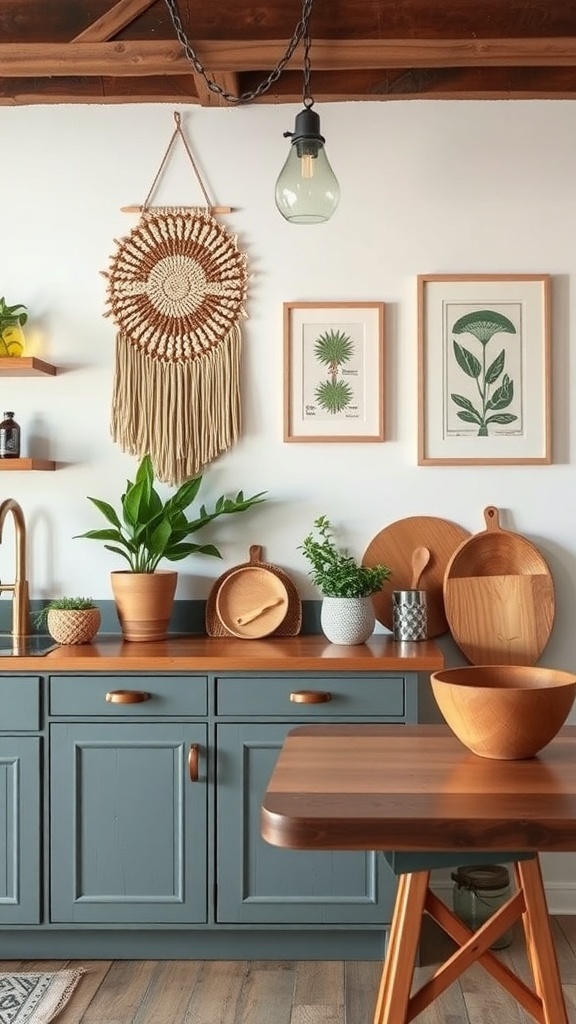 A boho kitchen featuring macramé wall decor, botanical prints, and wooden kitchenware.