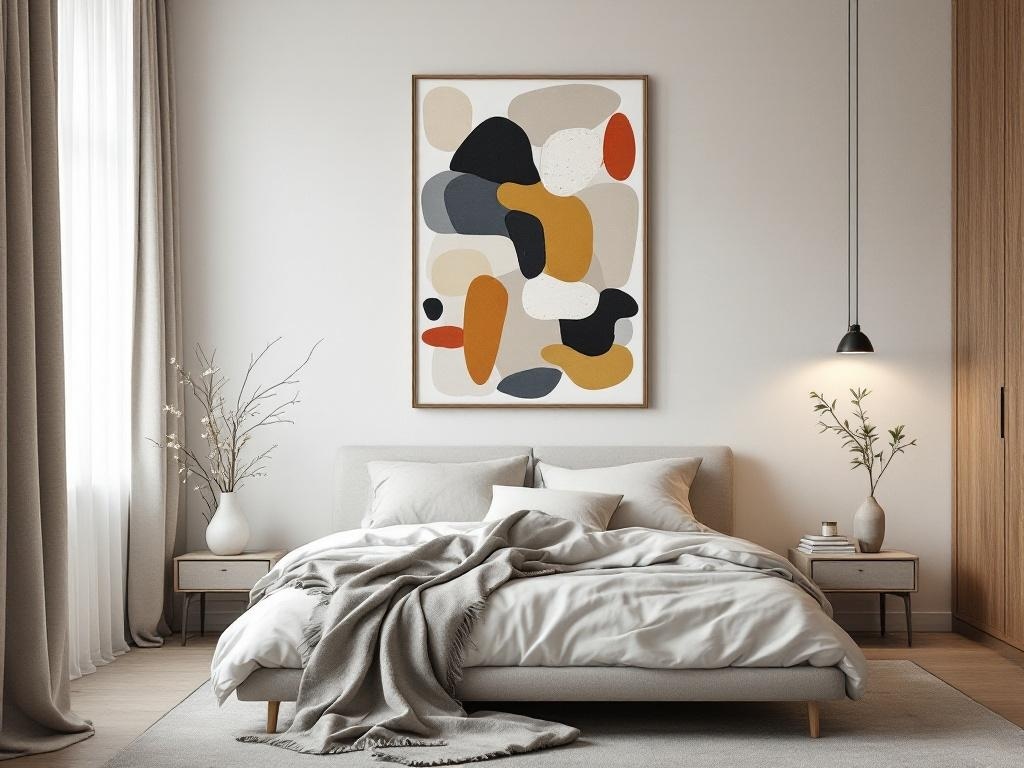 Minimalist bedroom with abstract wall art and neutral decor