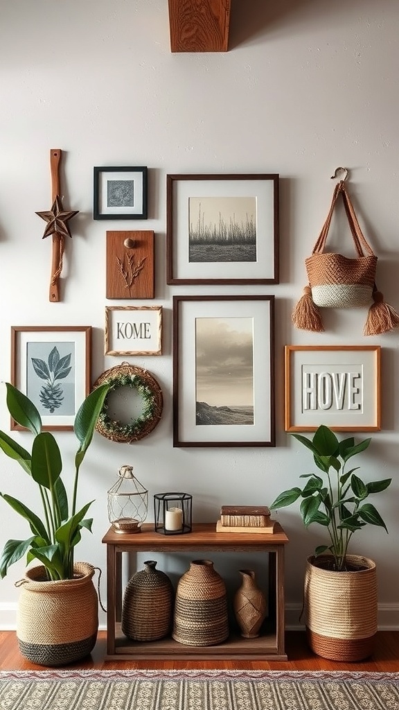 A wall decorated with various framed artworks, plants, and rustic decor elements.