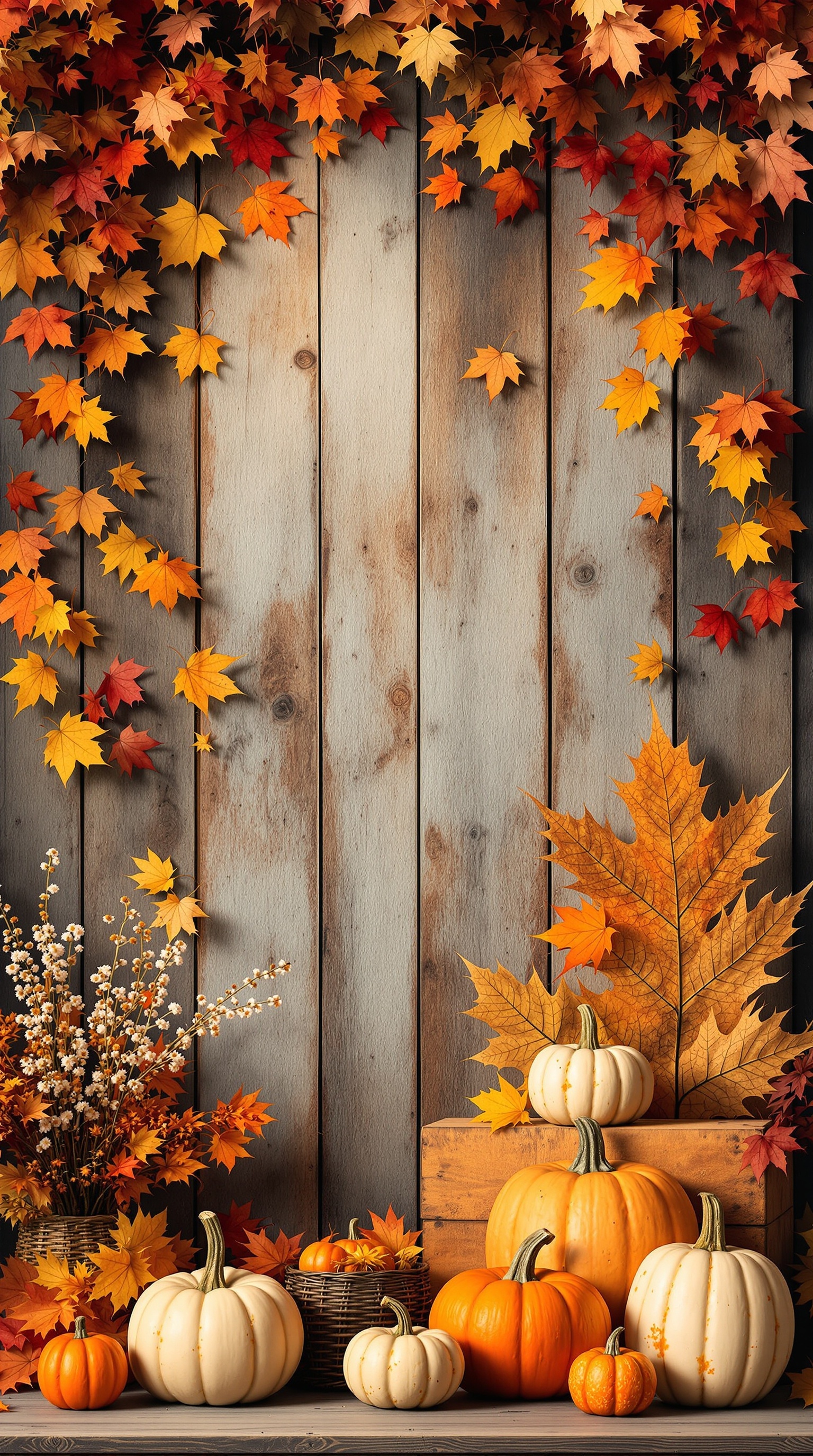 Artistic wall display with autumn leaves, framed Thanksgiving messages, and decorative pumpkins