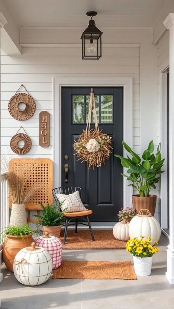 A modern farmhouse porch with artistic wall hangings and seasonal decor.