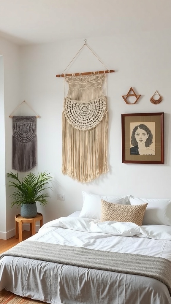 A cozy cottagecore bedroom featuring artistic wall hangings, including macramé and framed art.