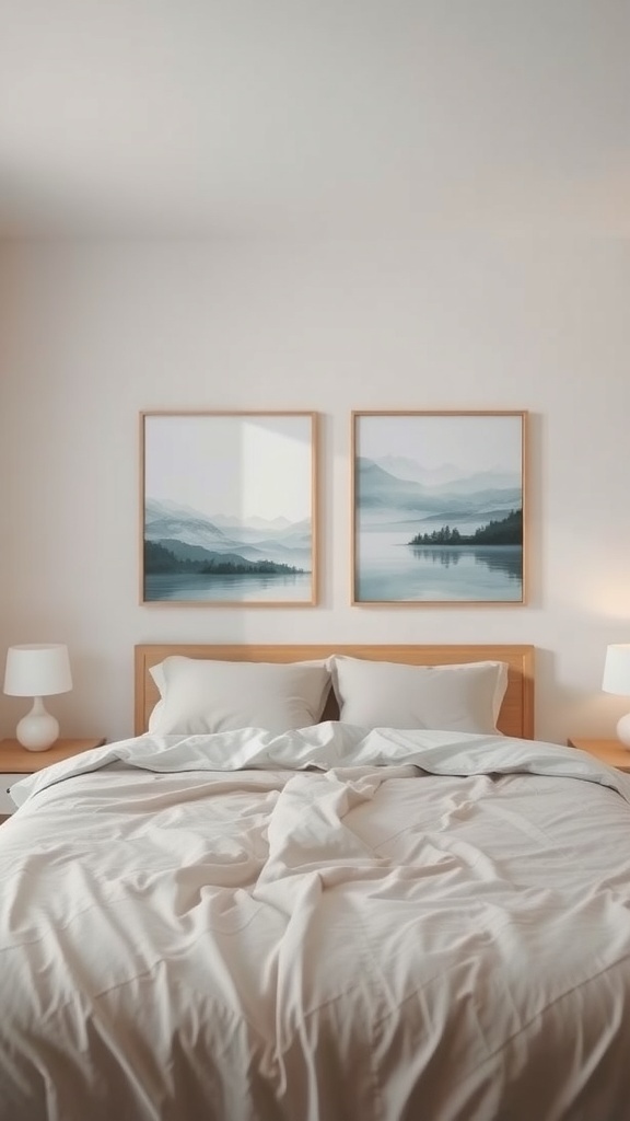 Two framed landscape paintings above a bed in a calming bedroom.