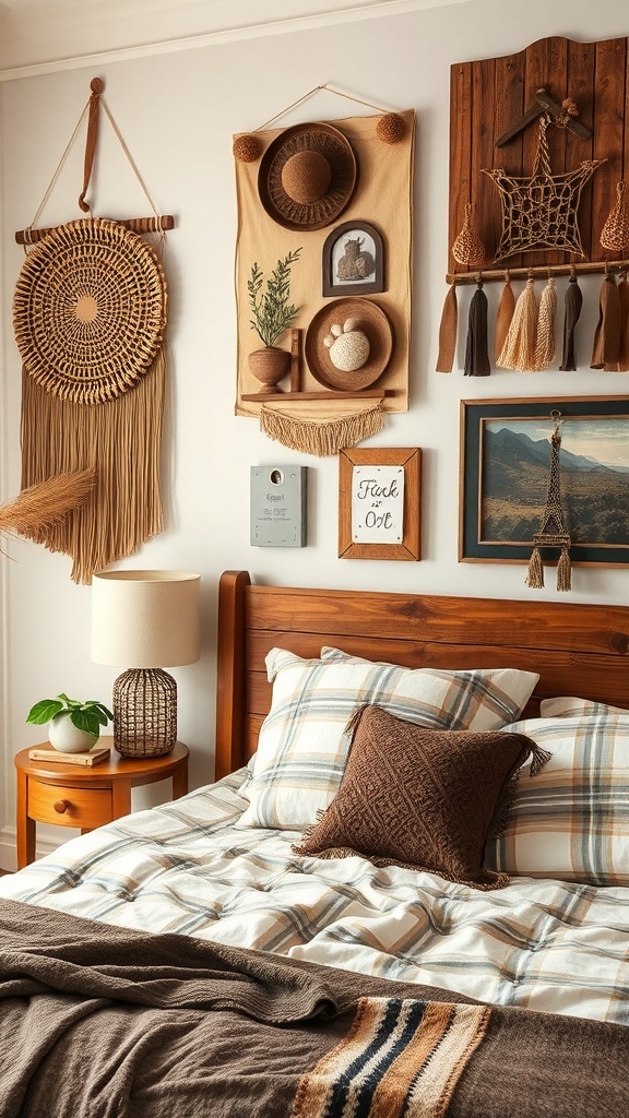 A modern rustic bedroom featuring artistic wall hangings, including woven decor and framed art.