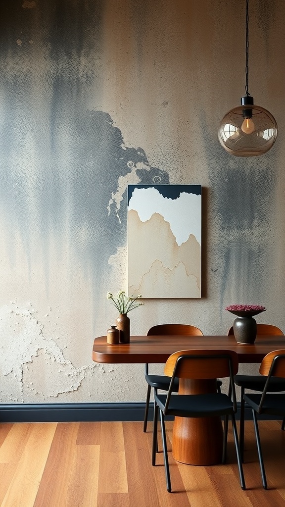 Artistic wall treatments in a black modern farmhouse interior.