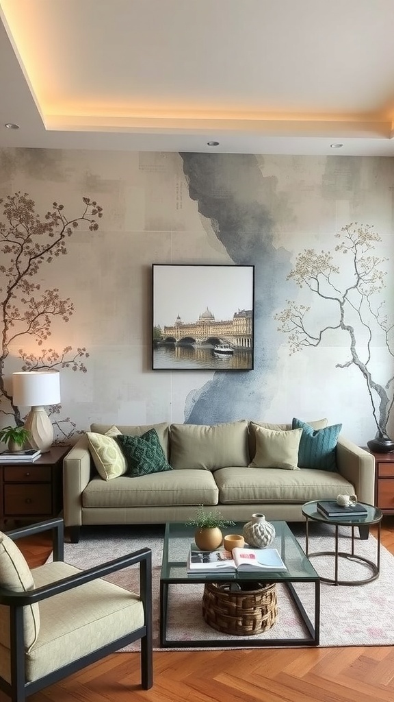 A modern living room featuring artistic wall treatments with letters and a bold color accent.