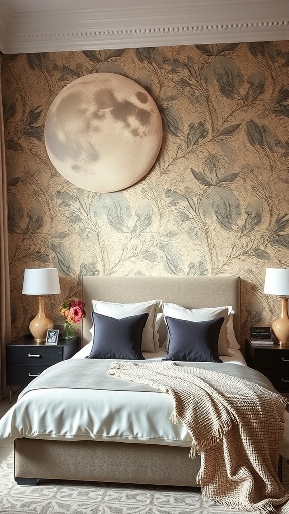 Luxury bedroom with artistic wall treatments featuring newspaper prints and star motifs.