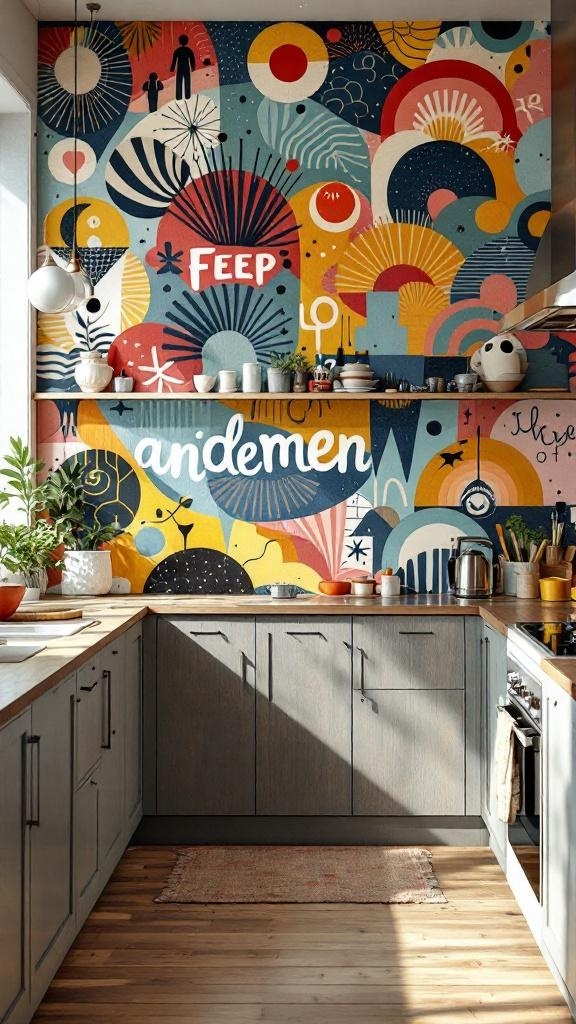 A modern kitchen with a colorful mural on the wall, featuring abstract designs and playful elements.