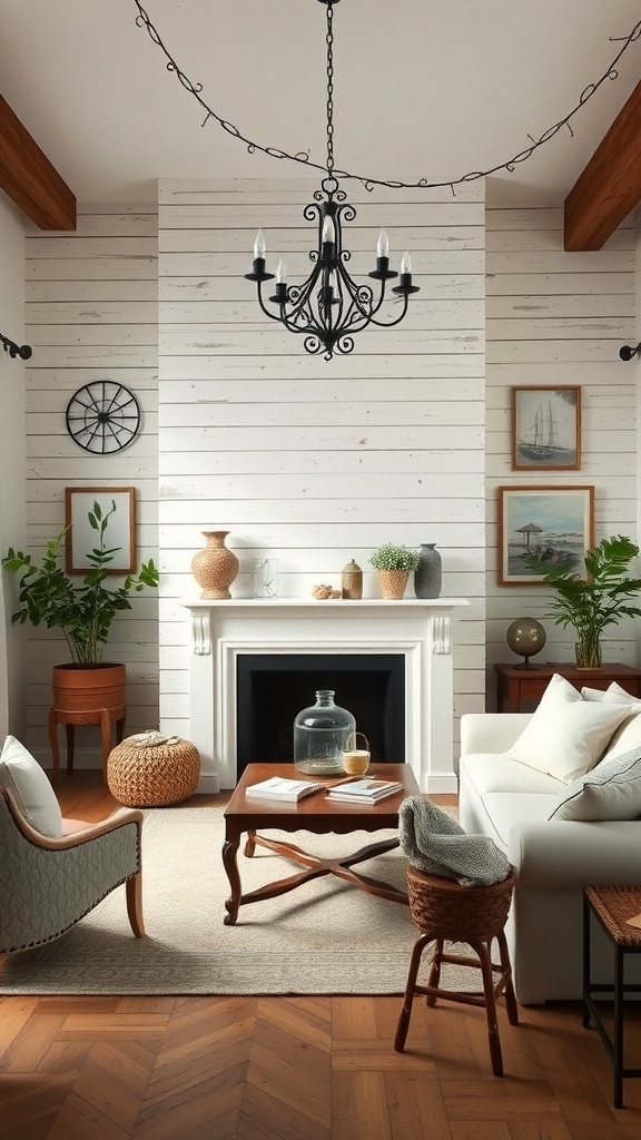 A cozy French cottage living room featuring shiplap walls, a chandelier, and comfortable seating.